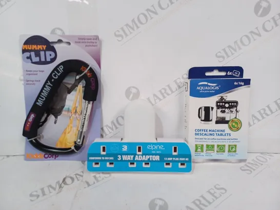 APPROXIMATELY 10 ASSORTED HOUSEHOLD ITEMS TO INCLUDE AQUALOGIS COFFEE MACHINE DESCALING TABLETS, ELPINE 3-WAY ADAPTOR, MUMMY CLIP, ETC