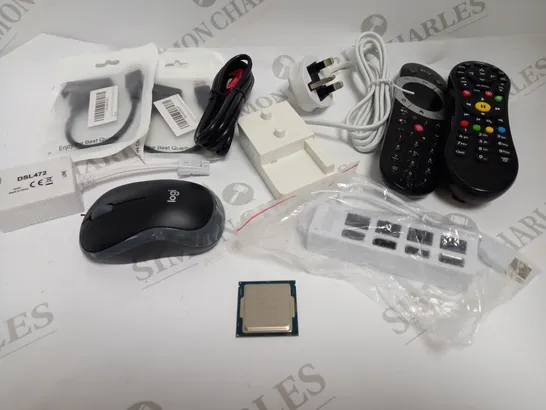 BOX OF APPROXIMATELY 20 ASSORTED ELECTRICAL PRODUCTS TO INCLUDE VIRGIN MEDIA REMOTE CONTROL, ADSL FILTER, INTEL I5-6500 PROCESSOR ETC 