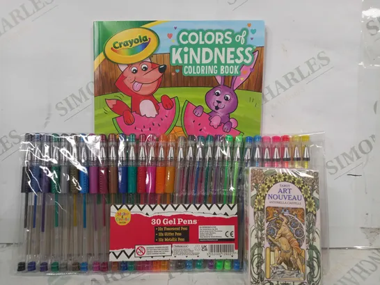 BOX OF APPROXIMATELY 10 ASSORTED TOYS AND GAMES TO INCLUDE GEL PENS, ART NOUVEAU TAROT CARDS, CRAYOLA COLOURING BOOK, ETC