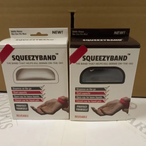 LOT OF 2 SQUEEZYBAND PORTABLE HAND SANITIZER DISPENSERS