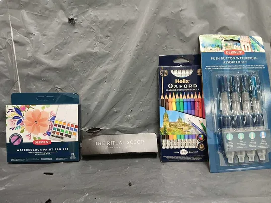 BOX OF APPROXIMATELY 15 ASSORTED ITEMS TO INCLUDE - PUSH BUTTON WATERBRUSH SET , HELIX PENCILS ,THE RITUAL SCOOP ETC