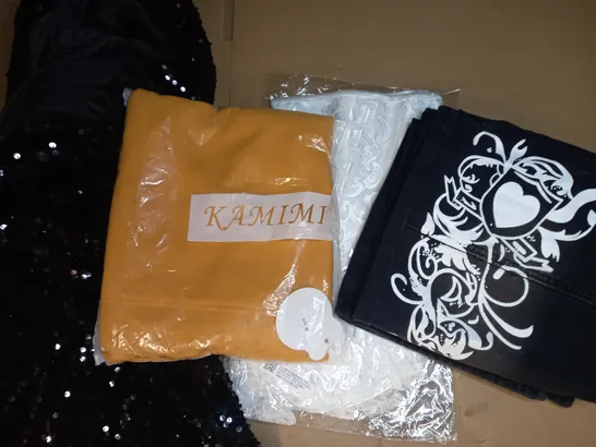 BOX OF APPROXIMATELY 10 ASSORTED CLOTHING AND FASHION ITEMS OF VARIOUS COLOURS AND STYLES TO INCLUDE KAMIMI, ETC