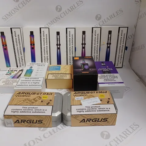 BOX OF APPROXIMATELY 30 E-CIGARETTE PRODUCTS TO INCLUDE ARGUS GT II, VAPORESSO GEN S, INNOKIN ENOURA T22 ETC 