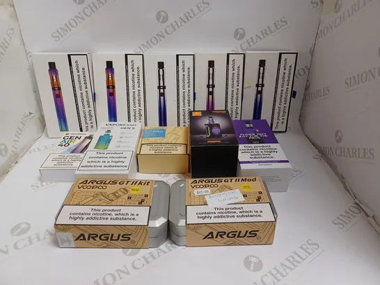 BOX OF APPROXIMATELY 30 E-CIGARETTE PRODUCTS TO INCLUDE ARGUS GT II, VAPORESSO GEN S, INNOKIN ENOURA T22 ETC 