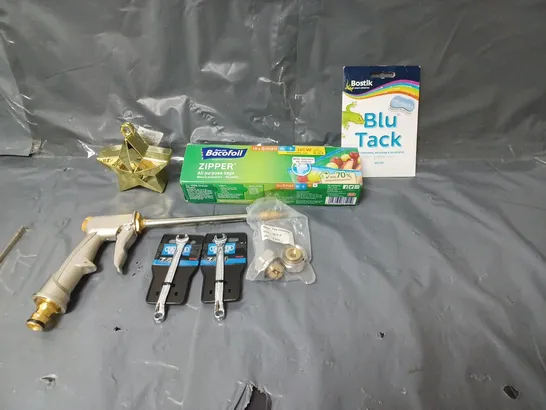 BOX OF APPROXIMATELY 20 ASSORTED HOUSEHOLD ITEMS TO INCLUDE PIPE CONNECTORS, BLU TACK AND MINI TOOLS