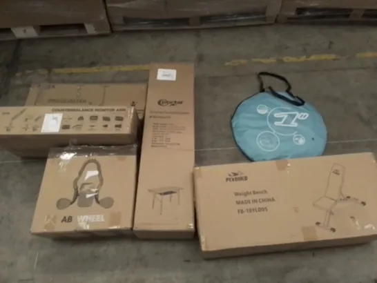 PALLET OF UNPROCESSED ITEMS TO INCLUDE ABWHEEL, PRO SCOOTER, AND WEIGHT BENCH