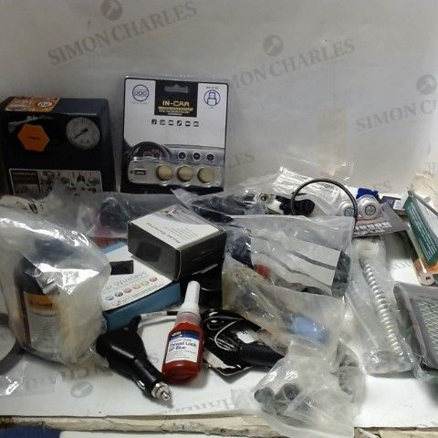 LOT OF ASSORTED ITEMS TO INCLUDE; THREAD LOCK, IN CAR TRIPLE SOCKET ETC 