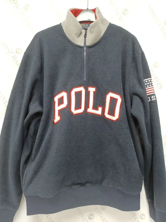 POLO RALPH LAUREN QUARTER ZIP HIGH COLLAR FLEECE IN NAVY/GREY - MEDIUM