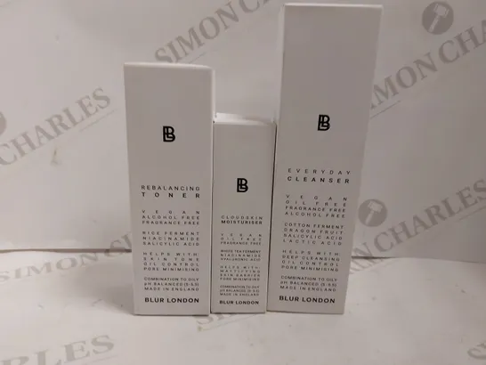 BOX OF 3 BLUR LONDON PRODUCTS TO INCLUDE EVERYDAY CLEANSER, REBALANCING TONER AND CLOUDSKIN MOISTURISER