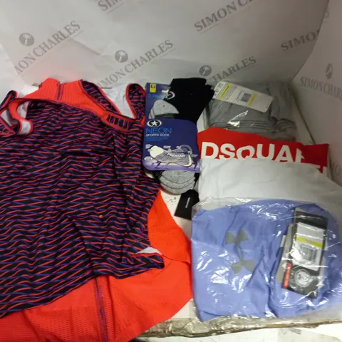 APPROXIMATELY 8 ASSORTED CLOTHING ITEMS TO INCLUDE DSQUARED T-SHIRT, NEON SPORTS SOCKS, ADIDAS SHORTS ETC 