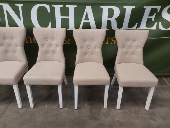 SET OF 6 BEWLEY OATMEAL FABRIC BUTTON BACK DINING CHAIRS WITH WHITE LEGS 