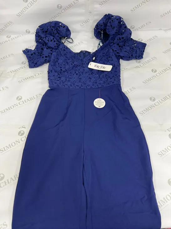 CHI CHI LONDON PUFF SLEEVE PREMIUM LACE JUMPSUIT IN NAVY SIZE 6