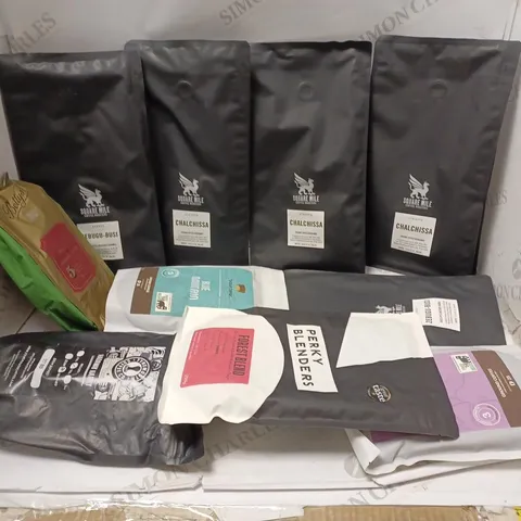 LOT OF APPROXMATELY 10 ITEMS TO INCLUDE SQUARE MILE CHALCHISSA COFFEE BEANS (350g), PERKY BLENDERS FOREST BLEND WHOLE BEAN (200g), TYNEMOUTH COFFEE HADAWAY HARRY (500g), ETC