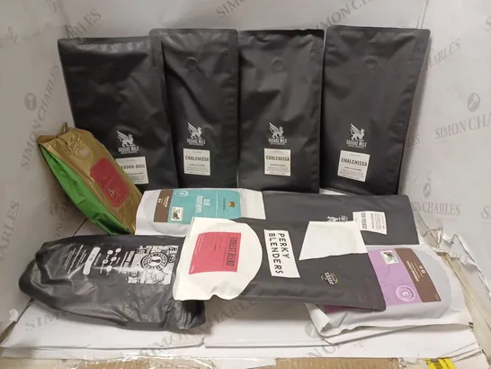 LOT OF APPROXMATELY 10 ITEMS TO INCLUDE SQUARE MILE CHALCHISSA COFFEE BEANS (350g), PERKY BLENDERS FOREST BLEND WHOLE BEAN (200g), TYNEMOUTH COFFEE HADAWAY HARRY (500g), ETC