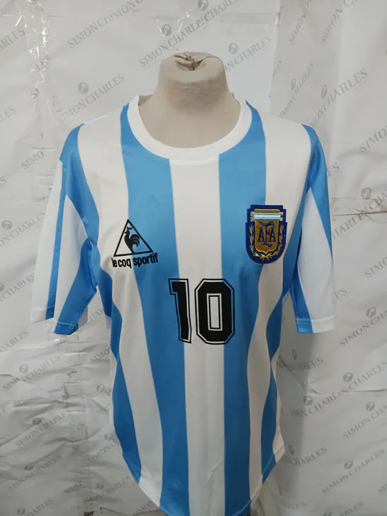 1986  ARGENTINA LE COQ SPORTIF HOME FOOTBALL JERSEY NUMBERED 10 SIGNED BY DIEGO ARMANDO MARADONA WITH CERTIFICATE OF AUTHENTICITY - COLLECTION ONLY 