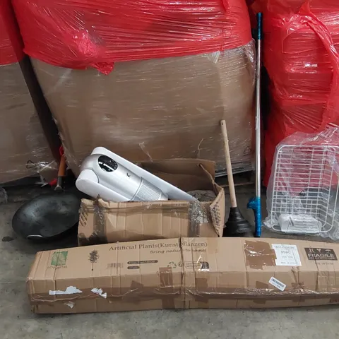 PALLET OF ASSORTED ITEMS INCLUDING: ELECTRIC FAN, ARTIFICIAL FICUS TREE, WOK FRYING PAN, TOILET PLUNGER, CURTAIN RAIL
