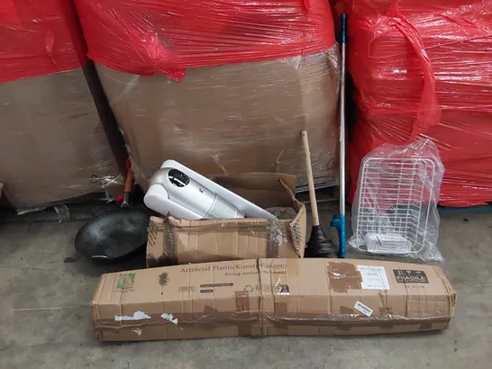 PALLET OF ASSORTED ITEMS INCLUDING: ELECTRIC FAN, ARTIFICIAL FICUS TREE, WOK FRYING PAN, TOILET PLUNGER, CURTAIN RAIL