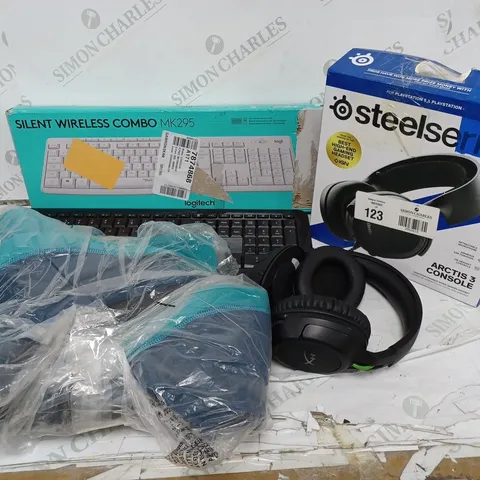 APPROXIMATELY 5 ASSORTED ITEMS TO INCLUDE STEELSERIES ARCTIS 3 CONSOLE HEADSET, SILENT WIRELESS COMBO MK295, MICROSOFT WIRELESS KEYBOARD 850, ETC