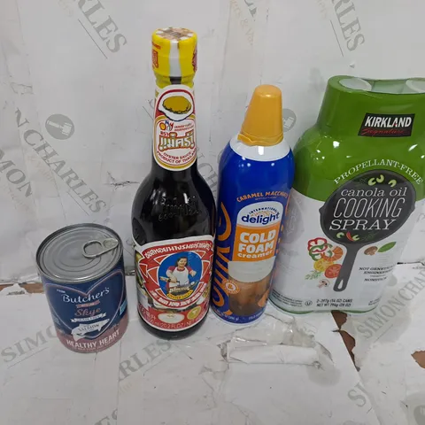 TOTE OF ASSORTED FOOD AND DRINK TOO INCLUDE FOAM CREAMER , COOKING SPRAY , OYSTER SAUCE , ETC