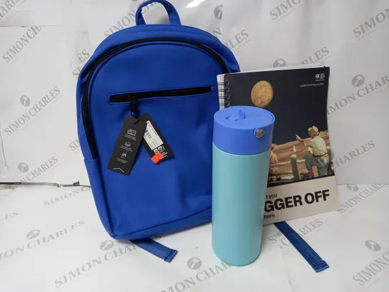 APPROXIMATELY 12 ASSORTED ITEMS TO INCLUDE TYPO BACKPACK, A4 CAMPUS NOTEBOOK, METAL DRINK BOTTLE ETC.