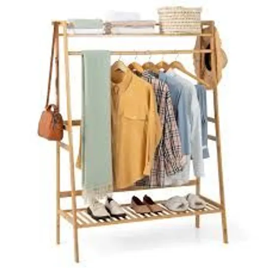 BOXED COSTWAY 2-TIER BAMBOO GARMENT RACK CLOTHING STORAGE ORGANIZER COAT HANGER W/ ROD & HOOKS