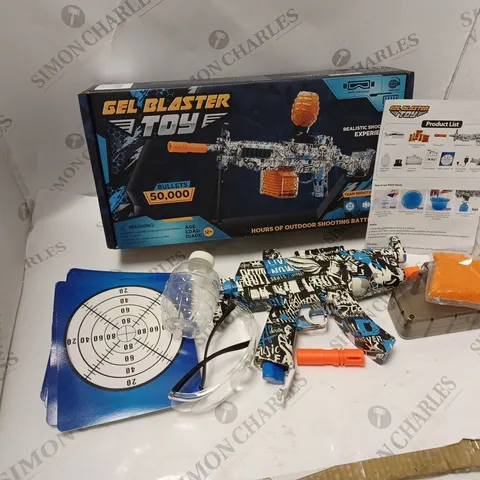 BOXED GEL BLASTER GUN WITH SAFETY GLASSES, WATER BEADS, MUZZLE, HOPPER AND PAPER TARGETS