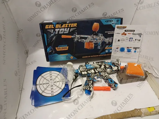 BOXED GEL BLASTER GUN WITH SAFETY GLASSES, WATER BEADS, MUZZLE, HOPPER AND PAPER TARGETS