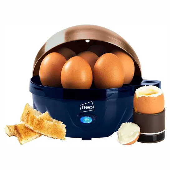 BOXED NEO STAINLESS STEEL ELECTRIC EGG BOILER POACHER AND STEAMER - BLUE/SILVER (1 BOX)