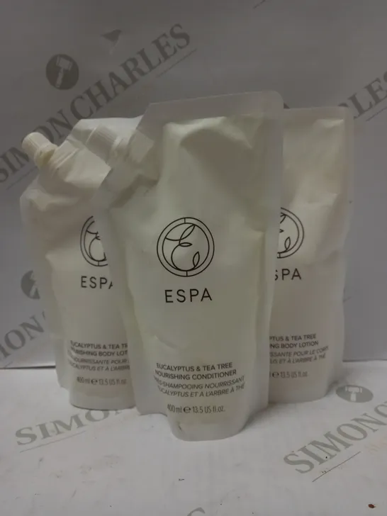 LOT OF 3 ESPA PRODUCTS TO INCLUDE 2 X 400ML EUCALYPTUS & TEA TREE BODY LOTION, 1 X 400ML EUCALYPTUS & TEA TREE CONDITIONER