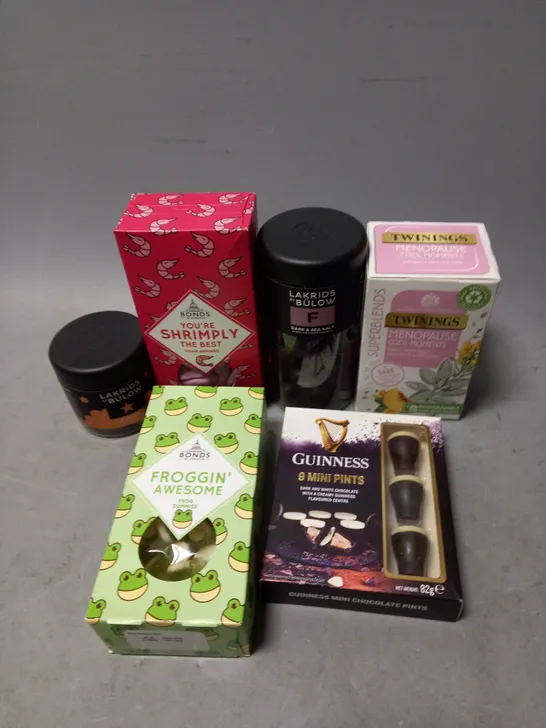 APPROXIMATELY 9 ASSORTED FOOD/DRINK PRODUCTS TO INCLUDE BONDS SWEETS, TWININGS TEA, GUINNESS CHOCOLATES ETC - COLLECTION ONLY 