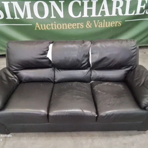 QUALITY DESIGNER 3 SEATER FAUX LEATHER BLACK SOFA (DAMAGE AS SHOWN)