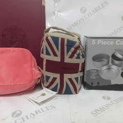 BOX OF APPROXIMATELY 15 ASSORTED HOUSEHOLD ITEMS TO CONTAIN 5 PIECE COOKING SET, BABY PINK TRAVEL BAG, GREAT BRITAIN BEANBAG ETC 