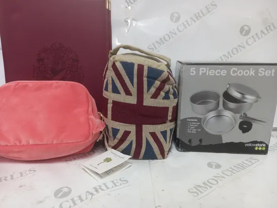 BOX OF APPROXIMATELY 15 ASSORTED HOUSEHOLD ITEMS TO CONTAIN 5 PIECE COOKING SET, BABY PINK TRAVEL BAG, GREAT BRITAIN BEANBAG ETC 