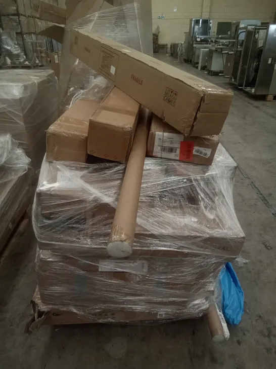 PALLET OF ASSORTED CURTAIN POLE, PATIO UMBRELLA, FOLDING CHAIR, GLASS BOARD