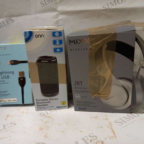 LOT OF 3 ASSORTED ELECTRICAL ITEMS TO INCLUDE USB CABLE, PORTABLE SPEAKER, WIRELESS HEADPHONES