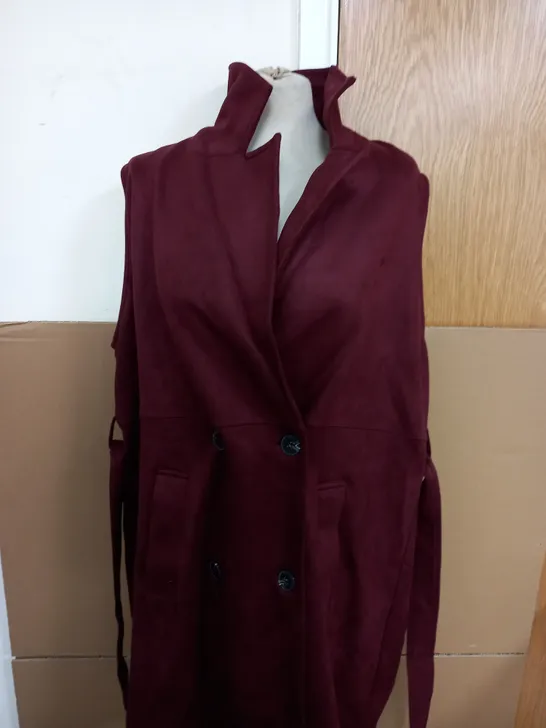 WYNNE COLLECTION BONDED FAUX SUEDE DOUBLE BREASTED BELTED WAISTCOAT IN BURGUNDY SIZE 2XL 