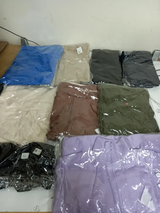 LARGE BOX OF ASSORTED CLOTHING ITEMS IN VARIOUS COLOURS AND SIZES INCLUDING TROUSERS , TOPS AND JUMPERS 