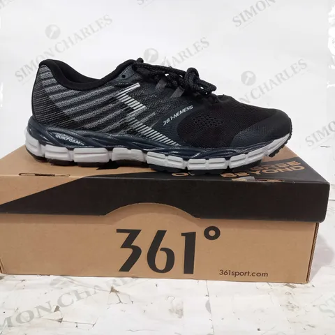 BOXED PAIR OF 361-NEMESIS TRAINERS IN BLACK/GREY UK SIZE 8.5