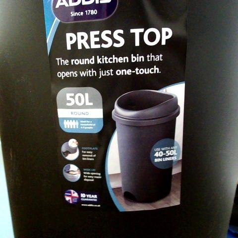 BOXED ADDIS PLASTIC 50LTR ROUND TOUCH TOP BIN