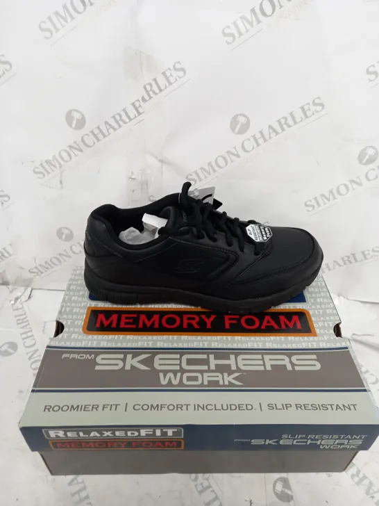 BOXED PAIR OF SKETCHERS SLIP RESISTANT BLACK WORK TRAINERS SIZE 8