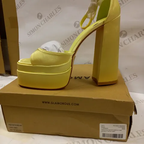 GLAMOROUS LAYERED PLATFORM HEEL LEMON SATIN SANDALS UK 8