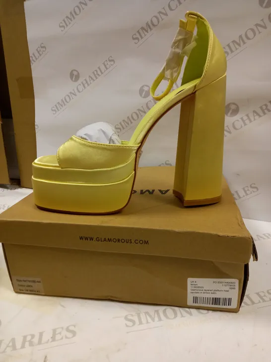 GLAMOROUS LAYERED PLATFORM HEEL LEMON SATIN SANDALS UK 8