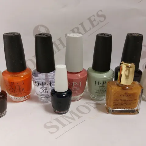 BOX OF APPROX 10 O.P.I NAIL ITEMS TO INCLUDE TOP COAT AND NAIL LACQUER IN ASSORTED COLOURS 