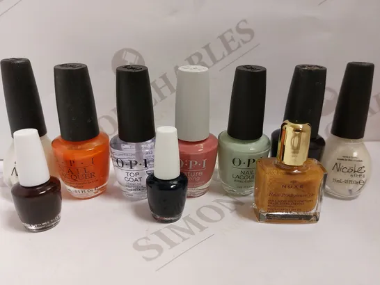 BOX OF APPROX 10 O.P.I NAIL ITEMS TO INCLUDE TOP COAT AND NAIL LACQUER IN ASSORTED COLOURS 