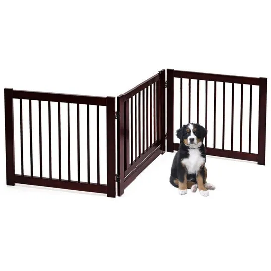 BOXED COSTWAY 24 INCH FOLDING WOODEN FREESTANDING PET GATE DOG GATE WITH 360° HINGE - BROWN