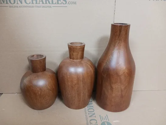 BOXED 3 DARK WOOD VASES 