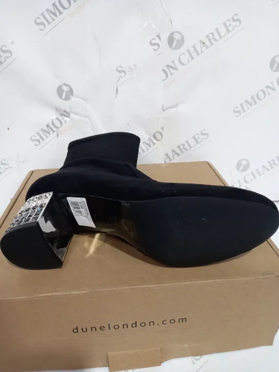 BOXED DUNE LONDON BLACK MICRO FIBRE JEWEL HEEL SHOES - SIZE 5