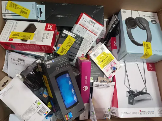 BOX OF APPROXIMATELY 30 ASSORTED ELECTRICAL ITEMS TO INCLUDE ASDA TECH FM ALARM CLOCK, MIXX EX1 WIRELESS HEADPHONES, ASDA TECH WIRELESS CHARGING PAD, ETC