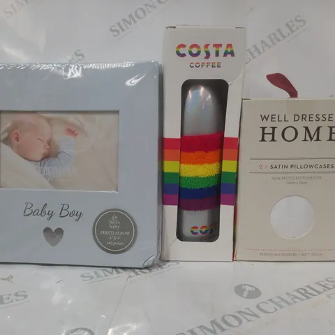 BOX OF APPROXIMATELY 15 ASSORTED HOUSEHOLD ITEMS TO INCLUDE SATIN PILLOWCASES, COSTA COFFEE STAINLESS STEEL BOTTLE, BABY BOY PHOTO ALBUM, ETC