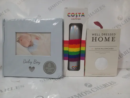 BOX OF APPROXIMATELY 15 ASSORTED HOUSEHOLD ITEMS TO INCLUDE SATIN PILLOWCASES, COSTA COFFEE STAINLESS STEEL BOTTLE, BABY BOY PHOTO ALBUM, ETC